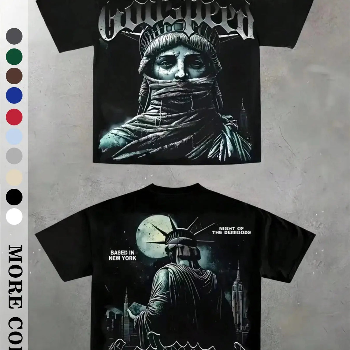 Men's Vintage Masked Statue of Liberty Print T-Shirt, Godspeed Gothic Letter, Casual Fitted Long Sleeve, Plain Surface Graphic Design Aesthetic, Streetwear Tops