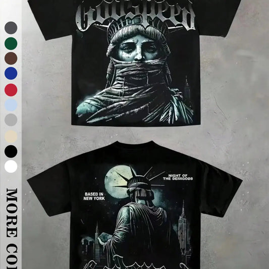 Men's Vintage Masked Statue of Liberty Print T-Shirt, Godspeed Gothic Letter, Casual Fitted Long Sleeve, Plain Surface Graphic Design Aesthetic, Streetwear Tops