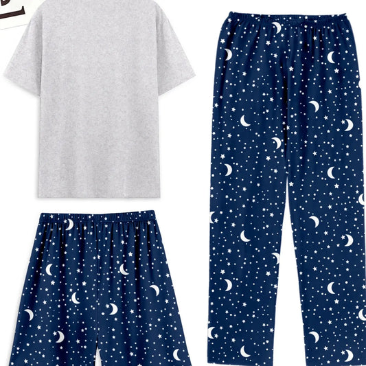 Men's Casual Home Sleepwear Set, Starry Sky Print Short Sleeve T-Shirt and Shorts, Comfortable Summer Wear, Fitted Design, Elastic Waist, Pajama Set Pjs