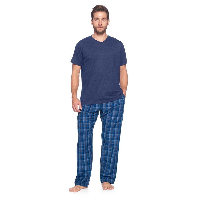 Ashford & Brooks Men's 2-Piece Plaid Detail Pajama Set - Elastic, Cotton Blend, Relaxed Fit, Shrink Resistant, Woven Pants with Side Pockets, Short-Sleeve Soft Cotton Jersey T-Shirt, Breathable Year-Round Sleepwear & Loungewear, Year-Round Wear