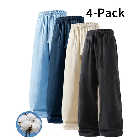 Men's Minimalist Cotton Linen Trousers - 4-Pack or Optional 2-Pack, Elastic Waist Drawstring, Wrinkle-Resistant, Casual Menswear Clothes Perfect for Layering, Fashion Apparel