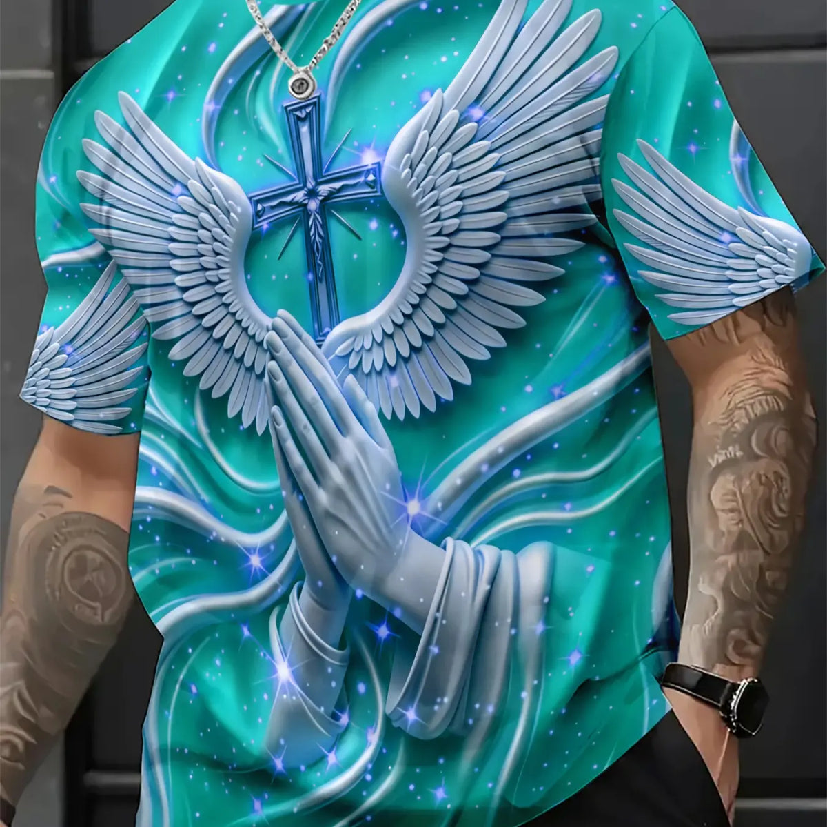 Men's Religious Prayer Angel Wings Cross 3D High Definition Graphic Print T-Shirt, Round Neck Short Sleeve Slim-Fit Summer Streetwear Stylish Tee