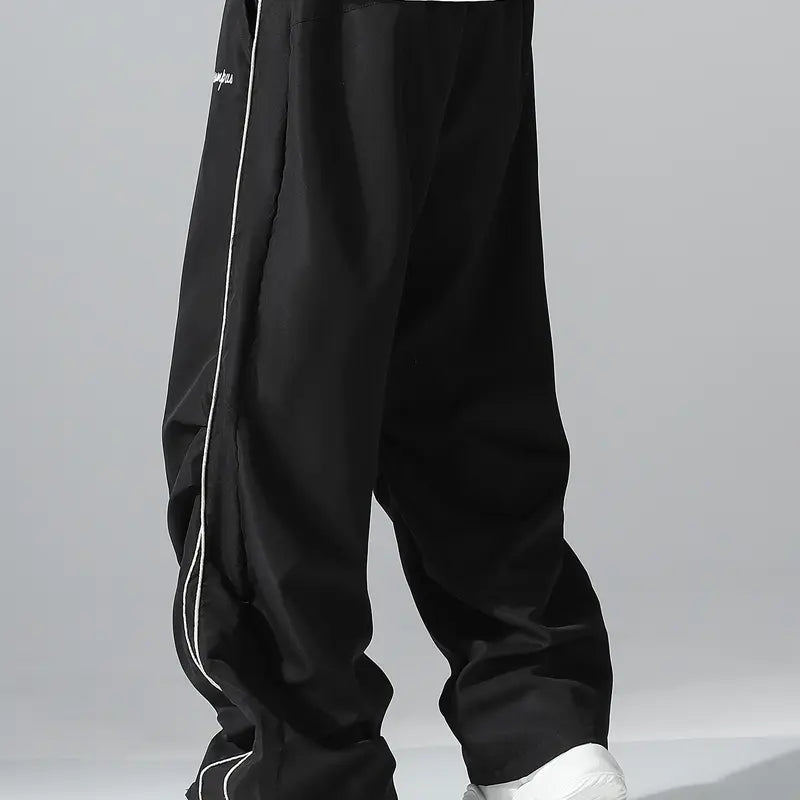 Men's Relaxed Fit Summer Woven Pants - Menswear Sportswear, Lightweight Athletic Fabric, Straight Leg with White Side Stripes, Non-Stretch, Machine Washable 100% Polyester Outdoor Trousers#SummerVibes