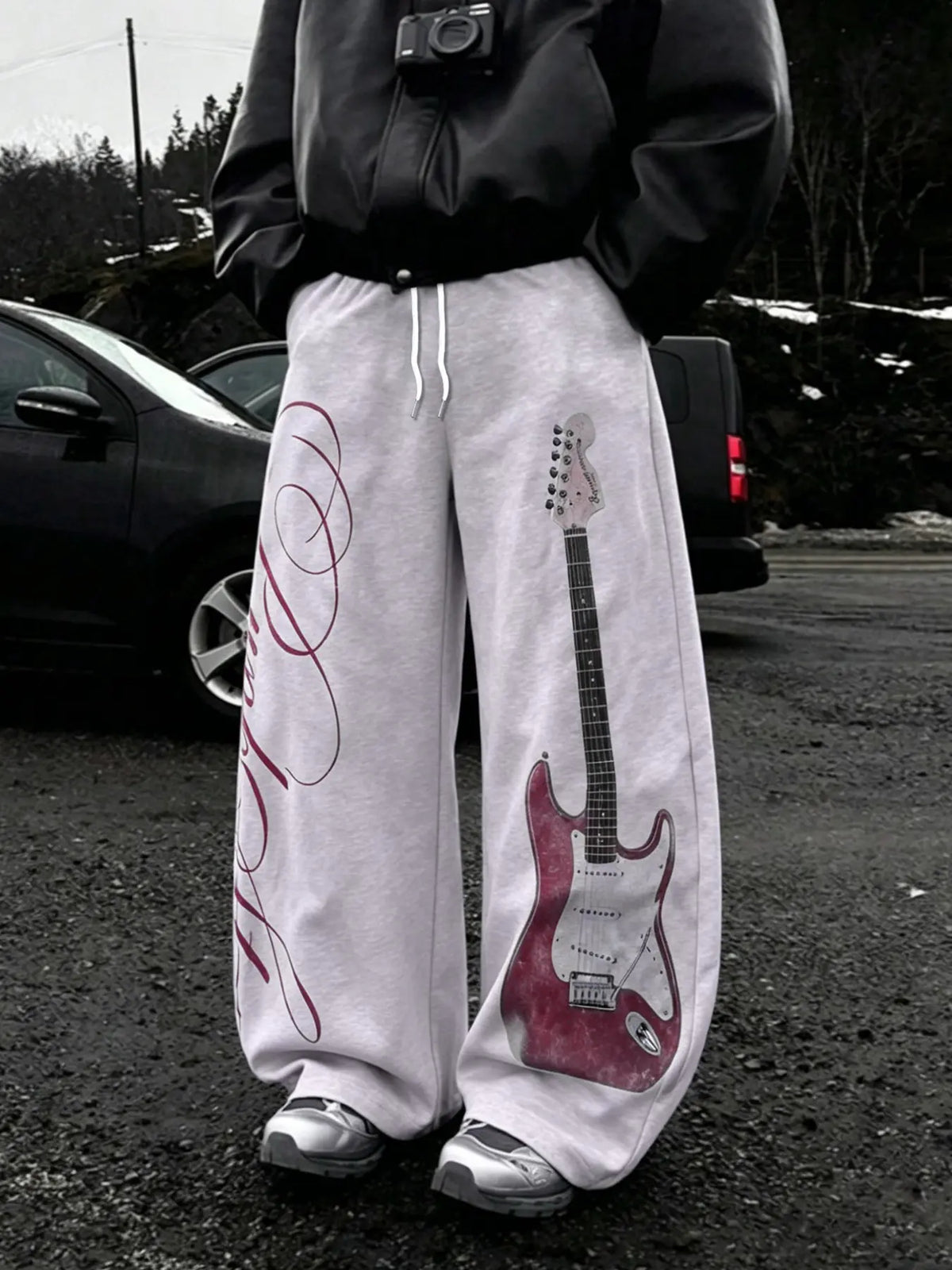 Unisex Street Rock Style Streetwear Drawstring Baggy Pants, Geometric Guitar Print, Elastic Waist, Slant Pockets, Casual Loose Fit, All Seasons