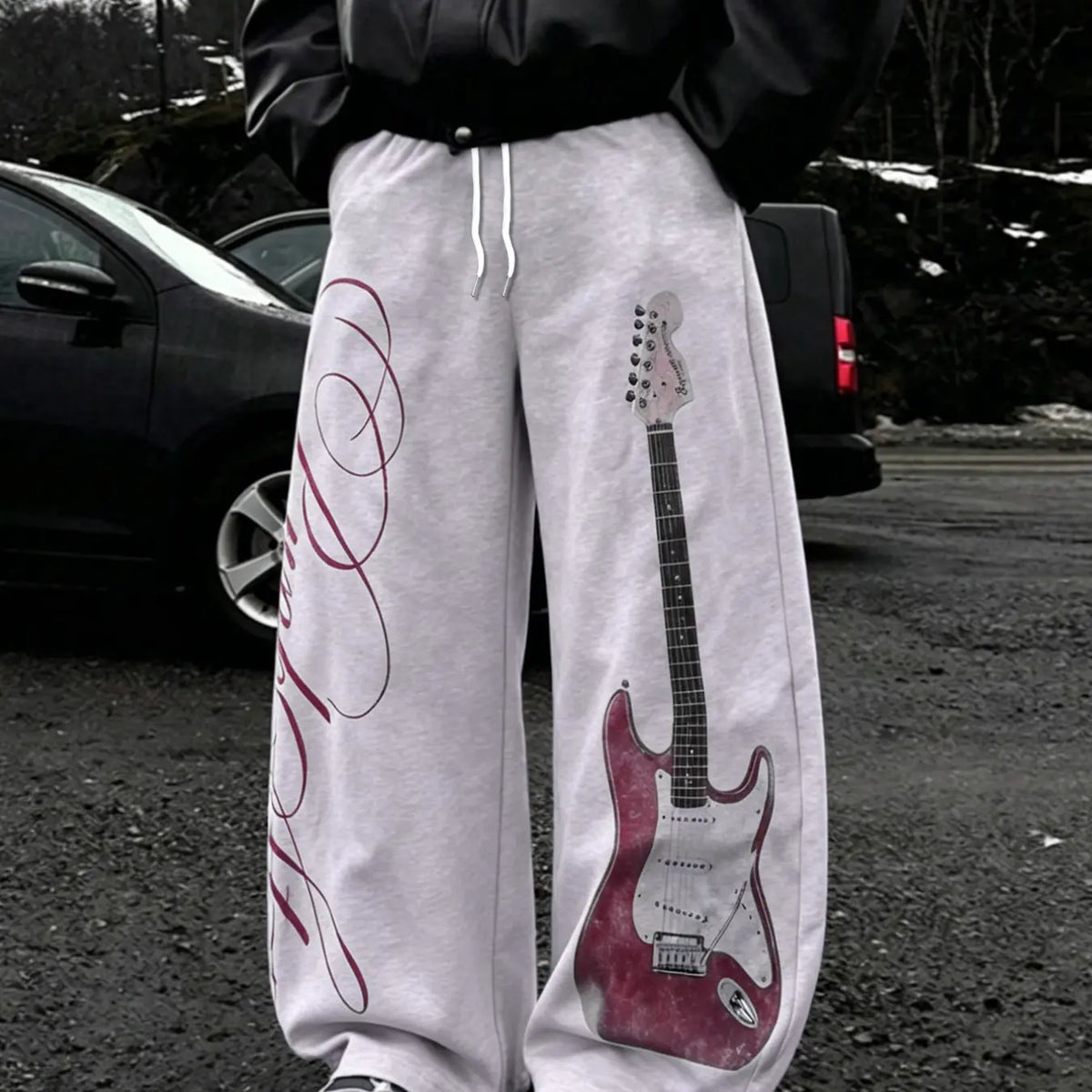 Unisex Street Rock Style Streetwear Drawstring Baggy Pants, Geometric Guitar Print, Elastic Waist, Slant Pockets, Casual Loose Fit, All Seasons