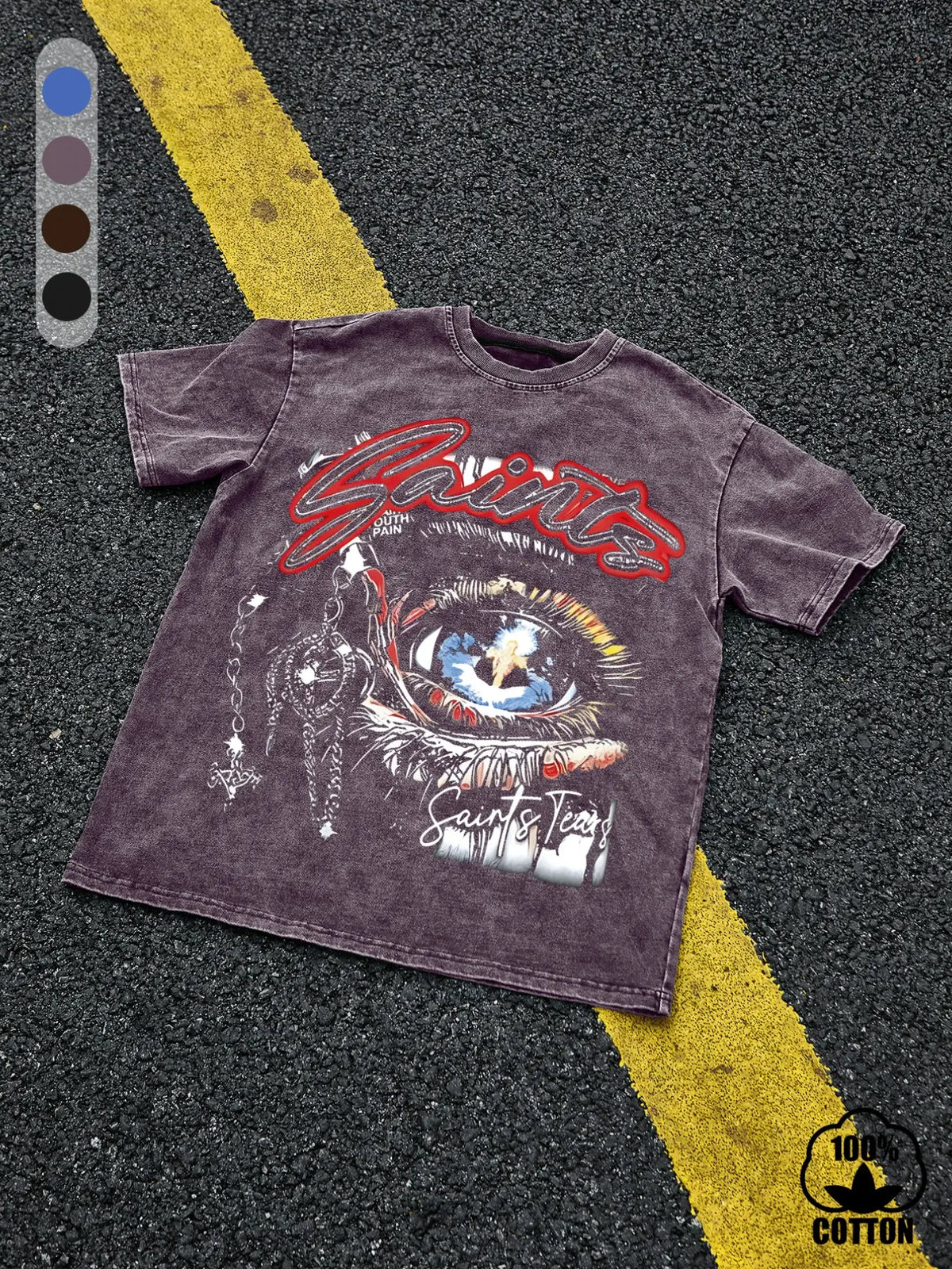 Men's 100% Cotton "Saint Tears" Graphic T-Shirt, Vintage-Wash Loose Fit Eye and Chain Design, Breathable Summer Casual Streetwear Top, Casual Style Tee