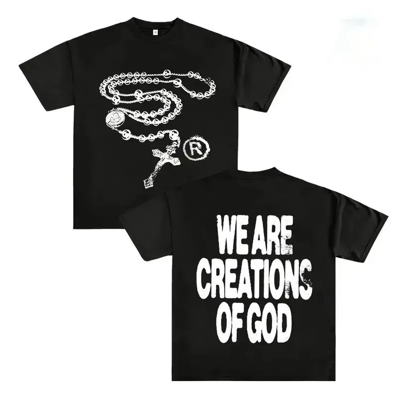 Men's Short-Sleeve Loose-Fit Graphics T-Shirt - Cross Necklace Print, Seamless Menswear Top, Casual All-Season Young College Street Style