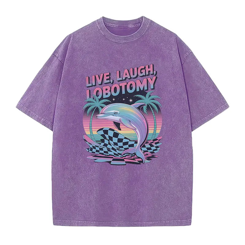 Unisex Live Laugh Lobotomy Knit Fabric Round Neck Short-Sleeve T-Shirt, Adult Humor Funny Dolphin Meme Silly Weird Vintage Graphic Top