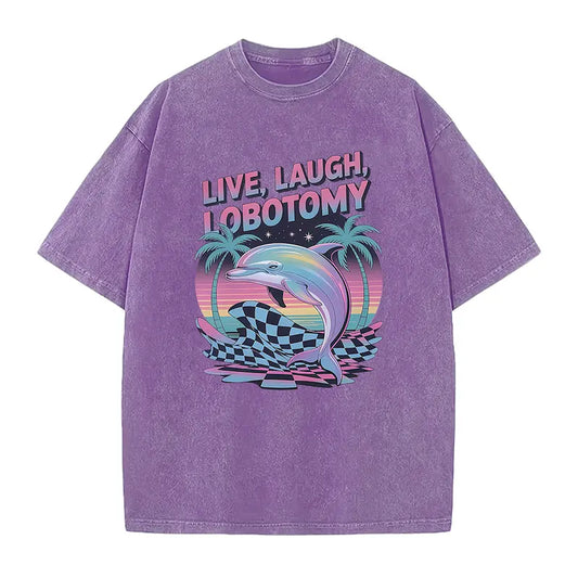 Unisex Live Laugh Lobotomy Knit Fabric Round Neck Short-Sleeve T-Shirt, Adult Humor Funny Dolphin Meme Silly Weird Vintage Graphic Top