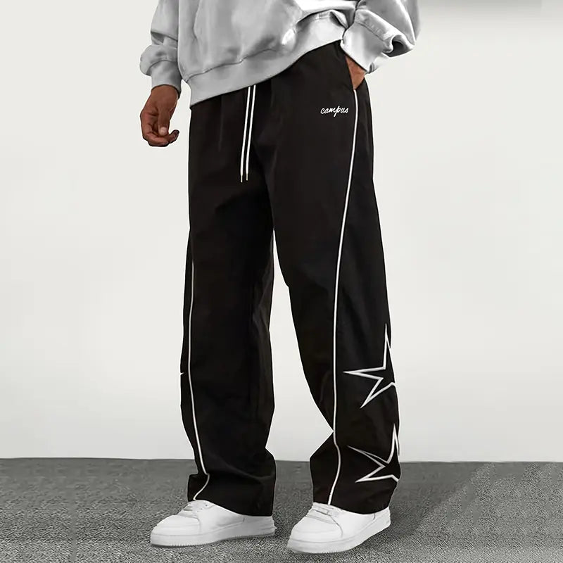 Men's 3-Pack Slim-Fit Activewear Track Pants - Menswear with Star Print, White Side Stripes, Elastic Easy Drawstring Fit Waistband for Casual Everyday Wear, Athletic Use
