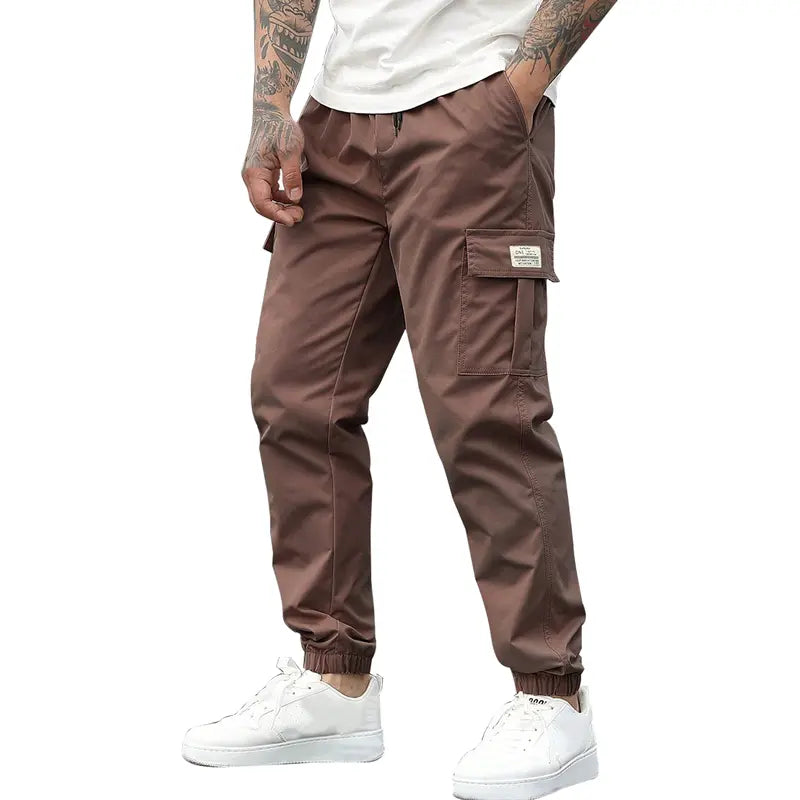 Men's Elastic Waist Tactical Cargo Pants - Multi-Pocket Utility, Fitted Cut, Stylish Solid Design, Work-to-Outdoor Outdoor-Ready Gear for Workwear & Activities