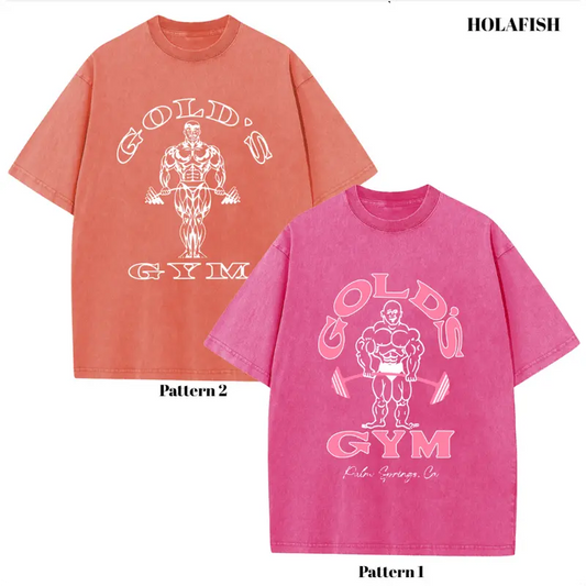 Holafish Oversize Acid Wash Vintage GOLD‘S GYM T-Shirt, Heavyweight Cotton Streetwear graphic vintage tees Menswear Crewneck Tshirt unisex funny cat worm women Round Neck Casual