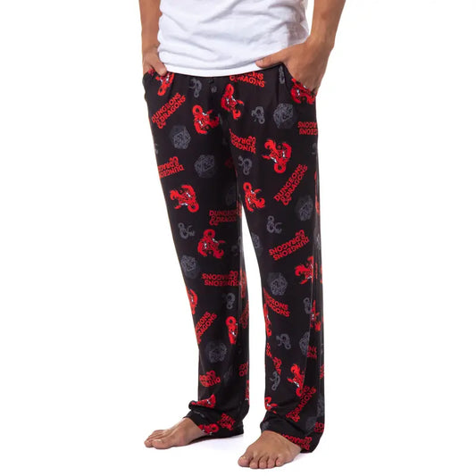 PJammy Men's Dungeons & Dragons Soft Fabric Drawstring Pajama Pants - Black Graphic Print, Logo Print, RPG Nat 20 Dice Graphic, Crew Neck Nightwear for Lounging, Sleeping