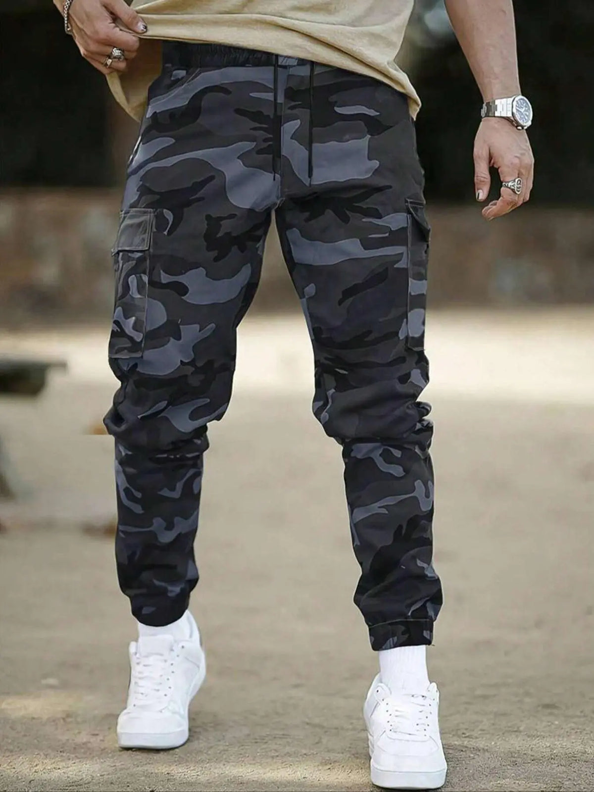 Men's Camouflage Cargo Pants, Casual Streetwear Trousers with Multiple Pockets, Adjustable Waist and Elastic Ankles, Casual Outdoor Wear, 100% Polyester, Eu Size, Casual Fitted Cut