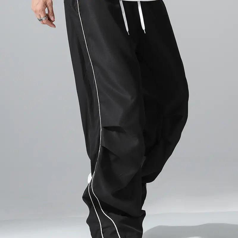 Men's Relaxed Fit Summer Woven Pants - Menswear Sportswear, Lightweight Athletic Fabric, Straight Leg with White Side Stripes, Non-Stretch, Machine Washable 100% Polyester Outdoor Trousers#SummerVibes