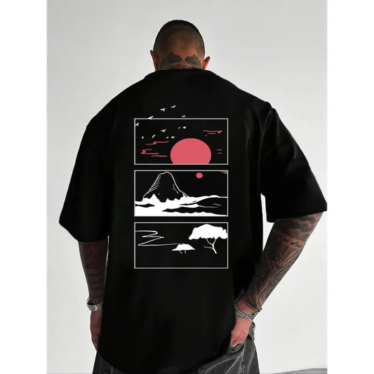 Men's Pure Cotton Crew Neck Short-Sleeve Casual Tee - Fashionable, Versatile, Simple, Loose-Fitting Menswear for Commuting, Christmas, Chinese New Year with Sunset Print