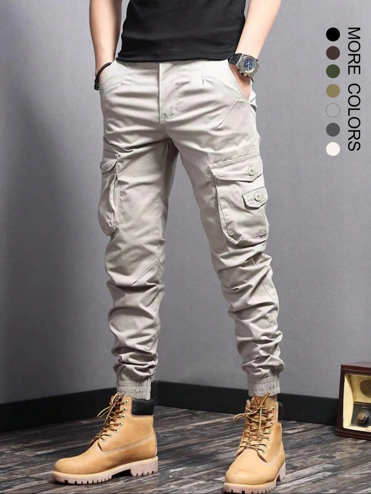 Men's Plain Button Pocket Cargo Pants, Regular Fit Street Fashion Casual Cargo Style Drawstring Waist Jogger Pants For Daily Wear, Woven Bottoms For All Seasons, Drawstring Trousers