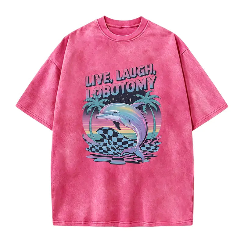 Unisex Live Laugh Lobotomy Knit Fabric Round Neck Short-Sleeve T-Shirt, Adult Humor Funny Dolphin Meme Silly Weird Vintage Graphic Top