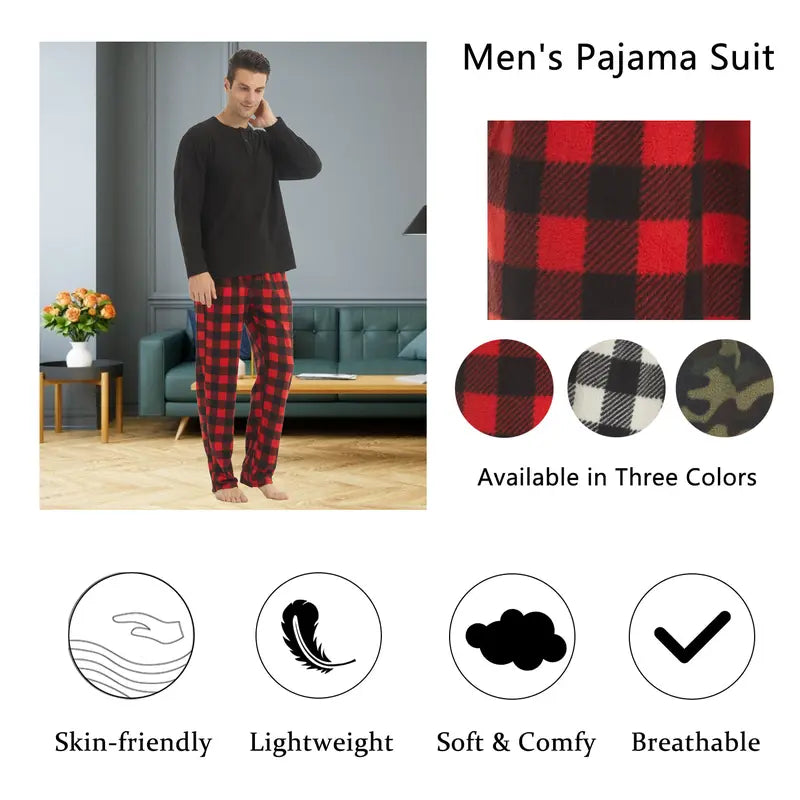 LANBAOSI Menswear Henley 2-Piece Pajama Outfit - Button-Down Long Sleeve Sleep Shirt, Plaid Checked Pants, Soft Cozy Thermal Casual Chic Loungewear for Cool Weather