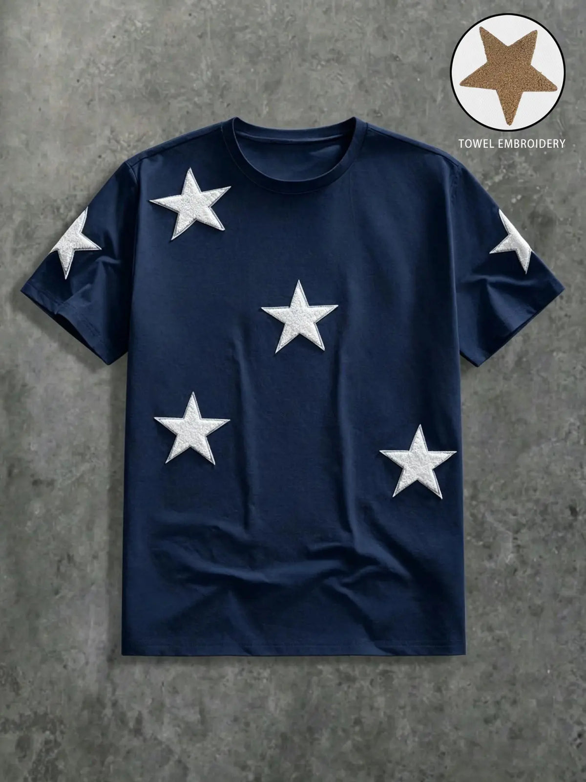 Men's Street Style Star Chenille Embroidery Patch Textured Short Sleeve T-Shirt, Casual Daily Wear, Anniversary Gift, Streetwear Menswear