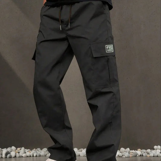 Men's H-Type Pocketted Casual Woven Cargo Pants - Loose Fit, Straight-Leg, Elastic Waistband, Solid Color, Single-Side Embroidered Logo, Long-Length, Menswear Bottoms, Pocketted Men's Pants