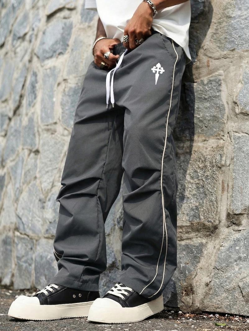 Men's Y2K Color Block Wide Leg Pants, Elastic Drawstring Waist, Loose Fit, Cross Graphic Print, Casual Streetwear Pants, Casual Fashion Bottoms