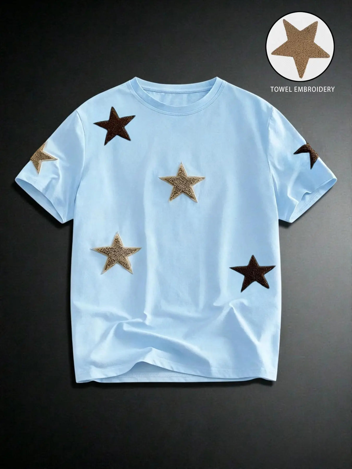 Men's Street Style Star Chenille Embroidery Patch Textured Short Sleeve T-Shirt, Casual Daily Wear, Anniversary Gift, Streetwear Menswear