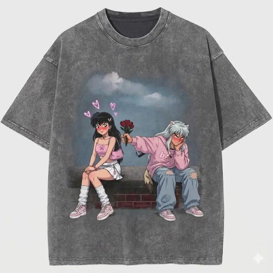 Men's Inuyasha Kagome Inspired Anime Couple T-Shirt, Soft Cotton Fabrics Classic Garment Apparel, Cute Tsundere Love Pink Aesthetic Romantic Crewneck Streetwear Top, Couple Gift