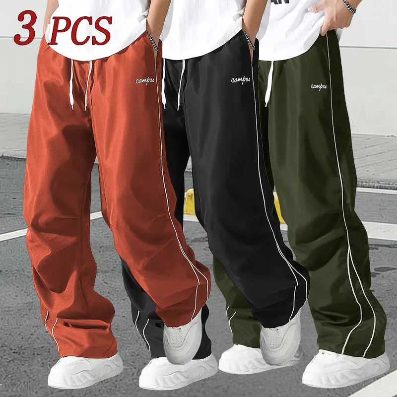 Men's Relaxed Fit Summer Woven Pants - Menswear Sportswear, Lightweight Athletic Fabric, Straight Leg with White Side Stripes, Non-Stretch, Machine Washable 100% Polyester Outdoor Trousers#SummerVibes