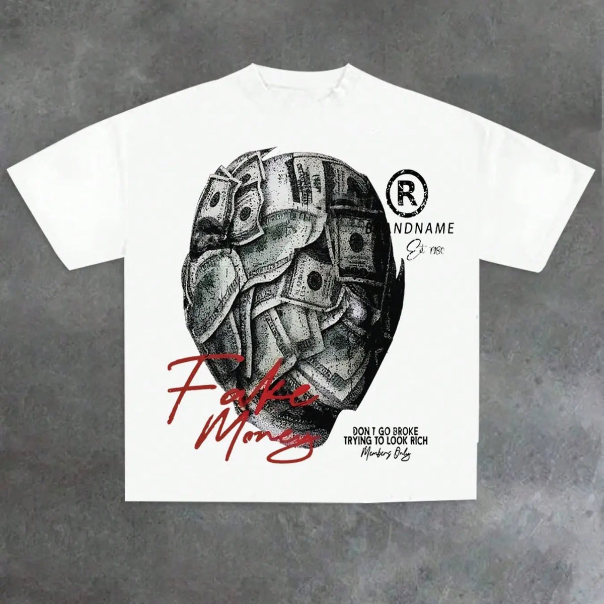 Men's Hip-Hop Street Style T-Shirt, Oversized Top with 'fake Money' Skull and 'don't Go Broke' Print, Casual Short Sleeve