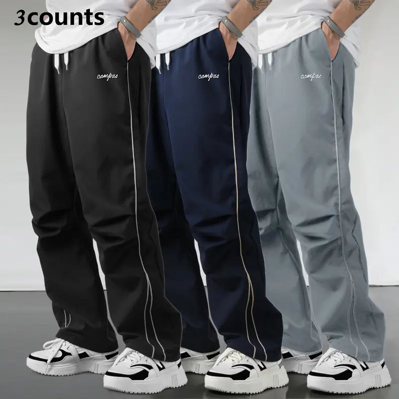 Men's Relaxed Fit Summer Woven Pants - Menswear Sportswear, Lightweight Athletic Fabric, Straight Leg with White Side Stripes, Non-Stretch, Machine Washable 100% Polyester Outdoor Trousers#SummerVibes