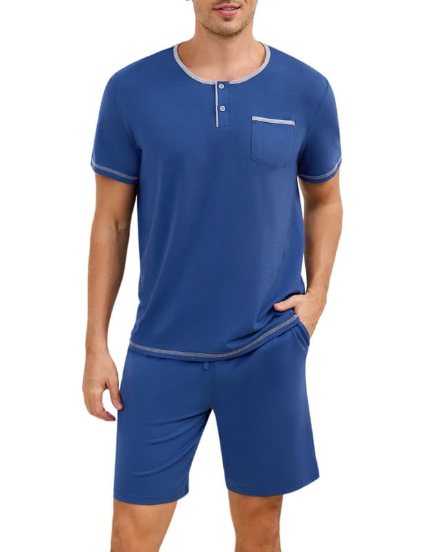 Marvmys Mens Pajama Sets Cotton Pajamas Short Sleeve Henley Pjs Summer Sleepwear Soft Sleep Set with Pockets S-3XL