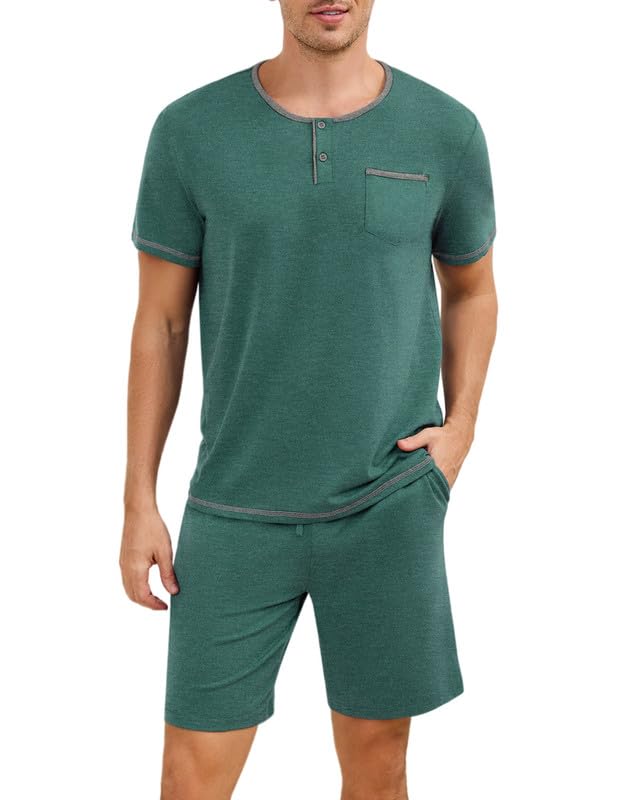 Marvmys Mens Pajama Sets Cotton Pajamas Short Sleeve Henley Pjs Summer Sleepwear Soft Sleep Set with Pockets S-3XL