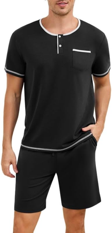 Marvmys Mens Pajama Sets Cotton Pajamas Short Sleeve Henley Pjs Summer Sleepwear Soft Sleep Set with Pockets S-3XL