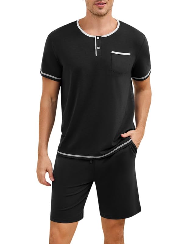 Marvmys Mens Pajama Sets Cotton Pajamas Short Sleeve Henley Pjs Summer Sleepwear Soft Sleep Set with Pockets S-3XL