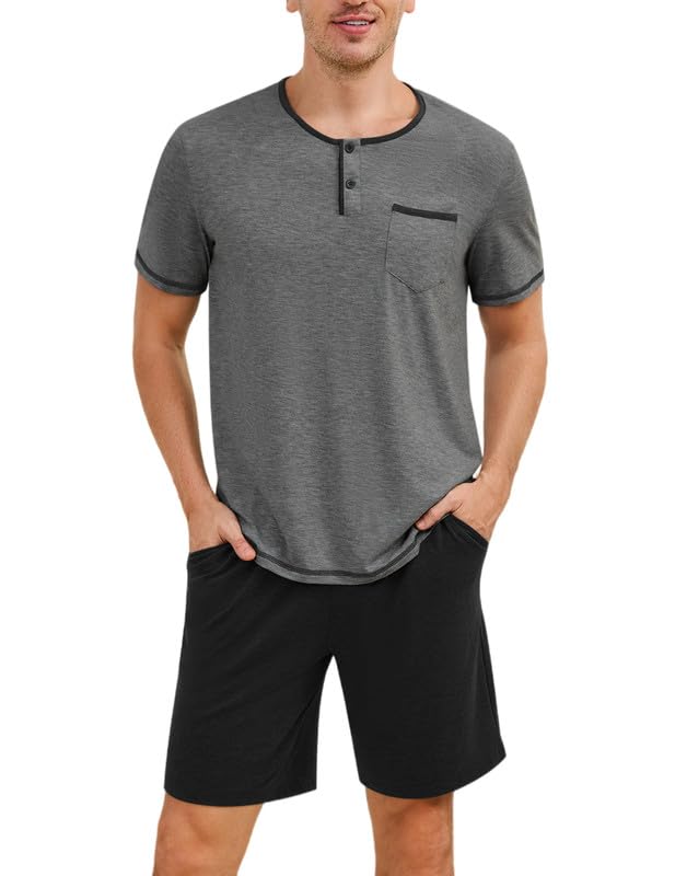 Marvmys Mens Pajama Sets Cotton Pajamas Short Sleeve Henley Pjs Summer Sleepwear Soft Sleep Set with Pockets S-3XL
