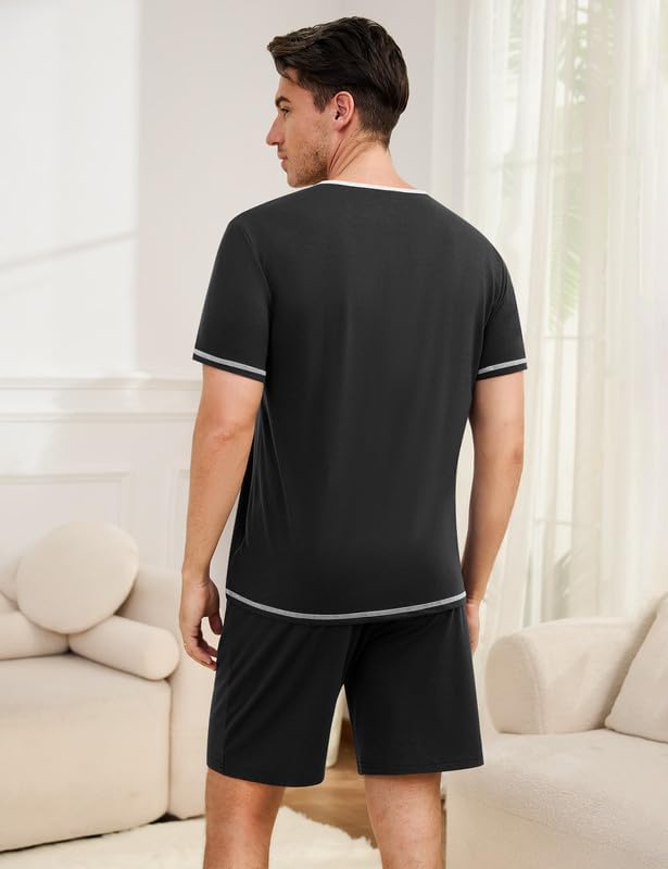 Marvmys Mens Pajama Sets Cotton Pajamas Short Sleeve Henley Pjs Summer Sleepwear Soft Sleep Set with Pockets S-3XL
