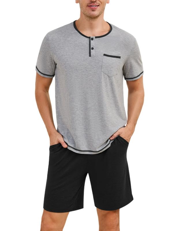 Marvmys Mens Pajama Sets Cotton Pajamas Short Sleeve Henley Pjs Summer Sleepwear Soft Sleep Set with Pockets S-3XL