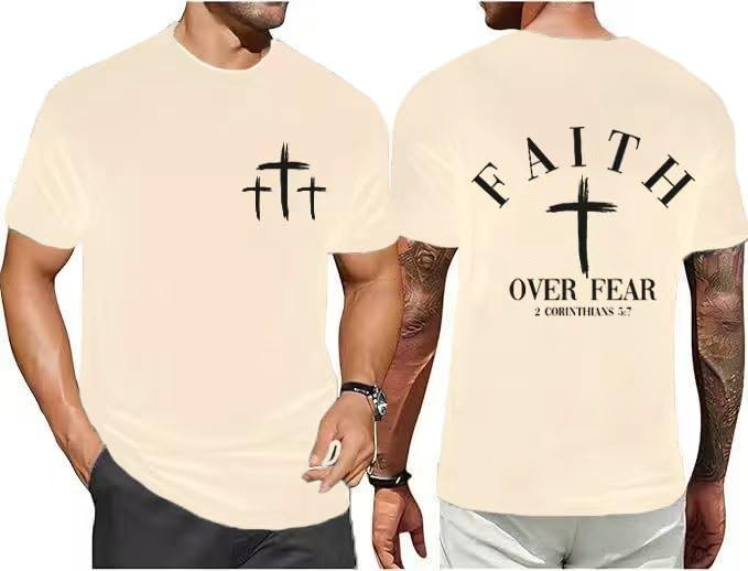 Men Faith Over Fear Christian Cross Graphic Short Sleeve T-Shirt