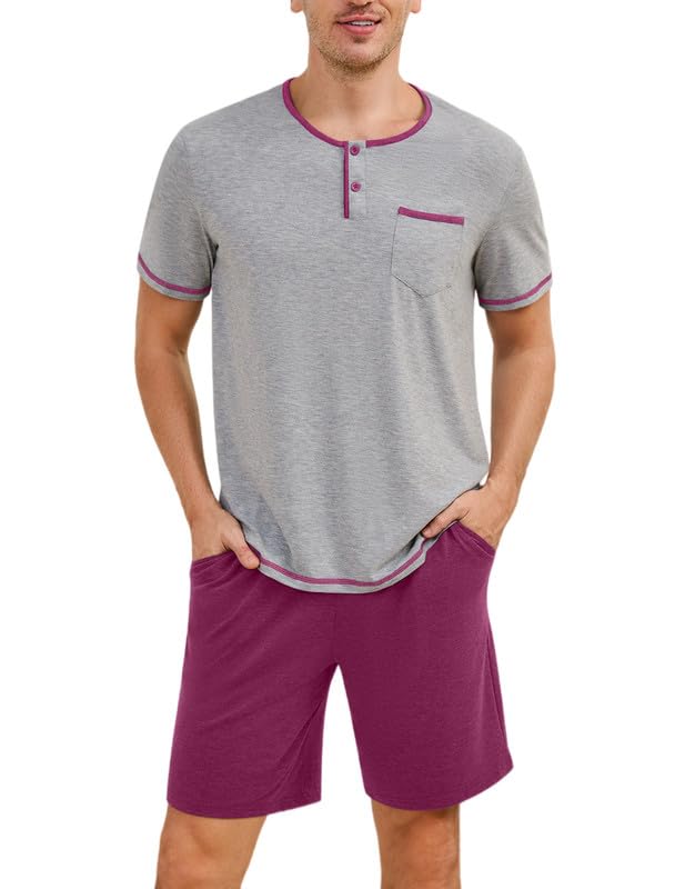 Marvmys Mens Pajama Sets Cotton Pajamas Short Sleeve Henley Pjs Summer Sleepwear Soft Sleep Set with Pockets S-3XL