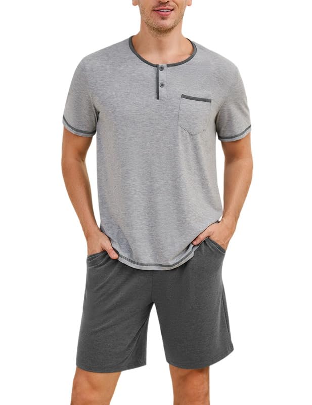 Marvmys Mens Pajama Sets Cotton Pajamas Short Sleeve Henley Pjs Summer Sleepwear Soft Sleep Set with Pockets S-3XL