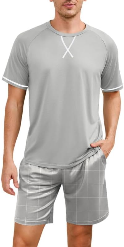 Marvmys Mens Pajama Set Cotton Summer Pjs Short Sleeve Sleepwear Lightweight Pajamas 2 Pieces Loungewear with Pockets S-2XL