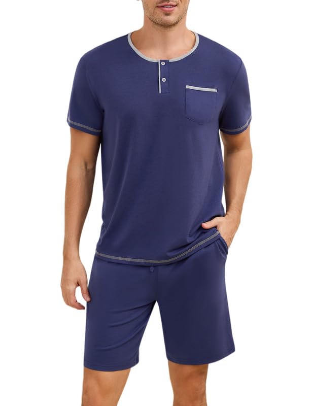 Marvmys Mens Pajama Sets Cotton Pajamas Short Sleeve Henley Pjs Summer Sleepwear Soft Sleep Set with Pockets S-3XL