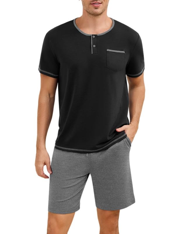 Marvmys Mens Pajama Sets Cotton Pajamas Short Sleeve Henley Pjs Summer Sleepwear Soft Sleep Set with Pockets S-3XL