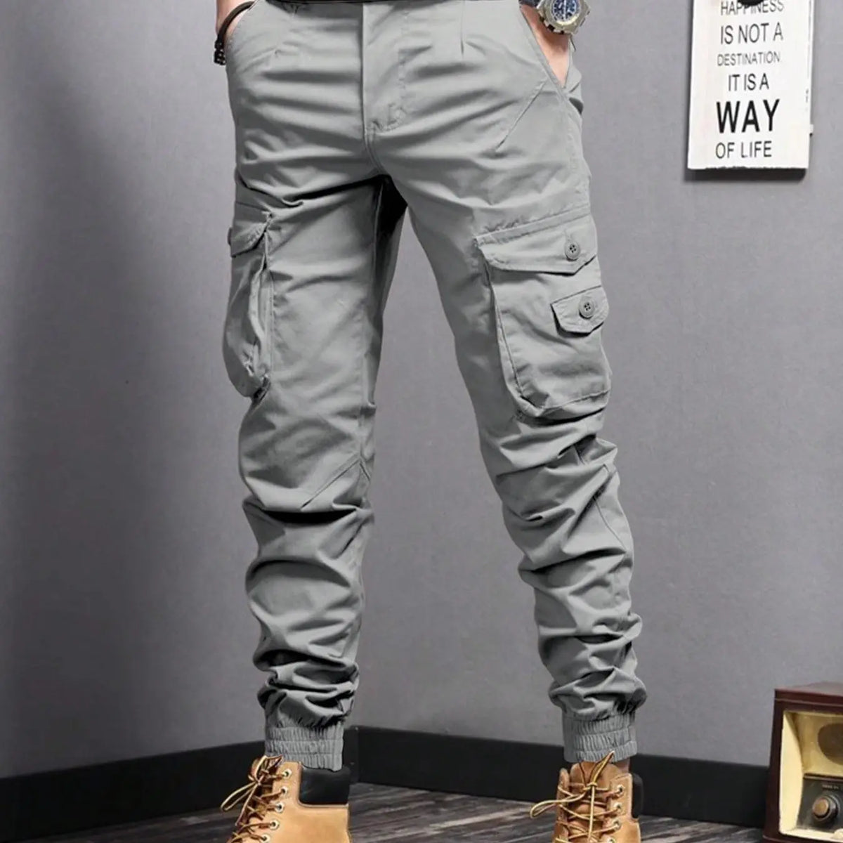 Men's Plain Button Pocket Cargo Pants, Regular Fit Street Fashion Casual Cargo Style Drawstring Waist Jogger Pants For Daily Wear, Woven Bottoms For All Seasons, Drawstring Trousers