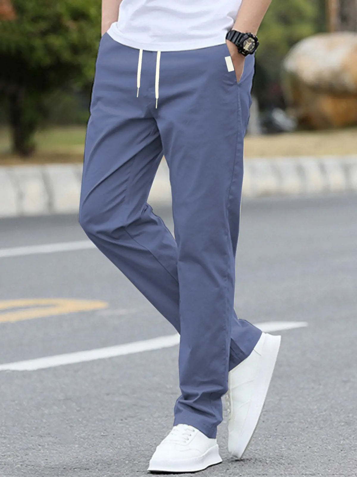 Men's Solid Color Drawstring Waist Pants with Side Pockets, Adjustable Waist Trousers, Casual Fitted Trousers for All Seasons, Comfortable Everyday Wear, Casual Elastic Waist, Casual Comfy Fit