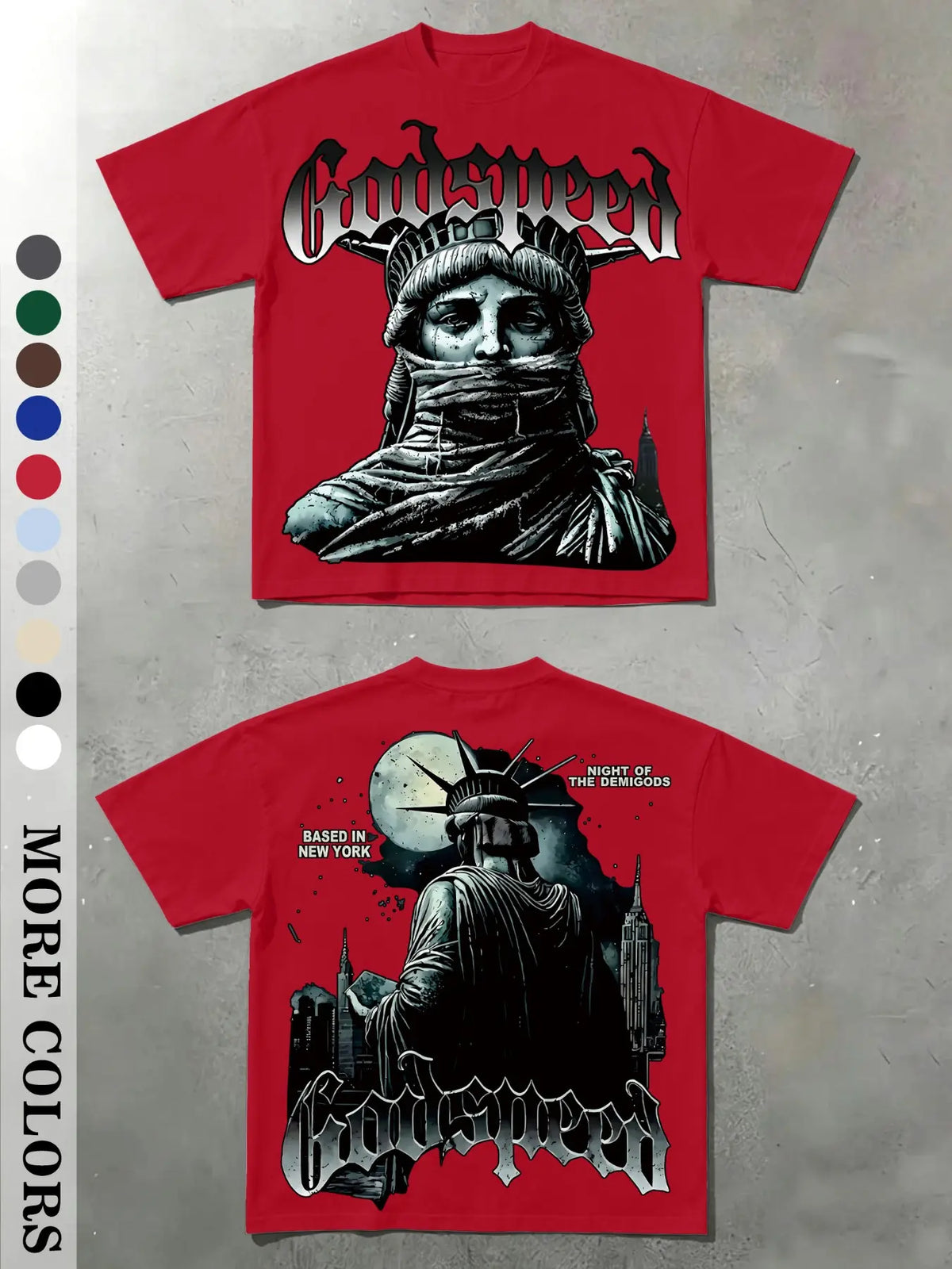 Men's Vintage Masked Statue of Liberty Print T-Shirt, Godspeed Gothic Letter, Casual Fitted Long Sleeve, Plain Surface Graphic Design Aesthetic, Streetwear Tops