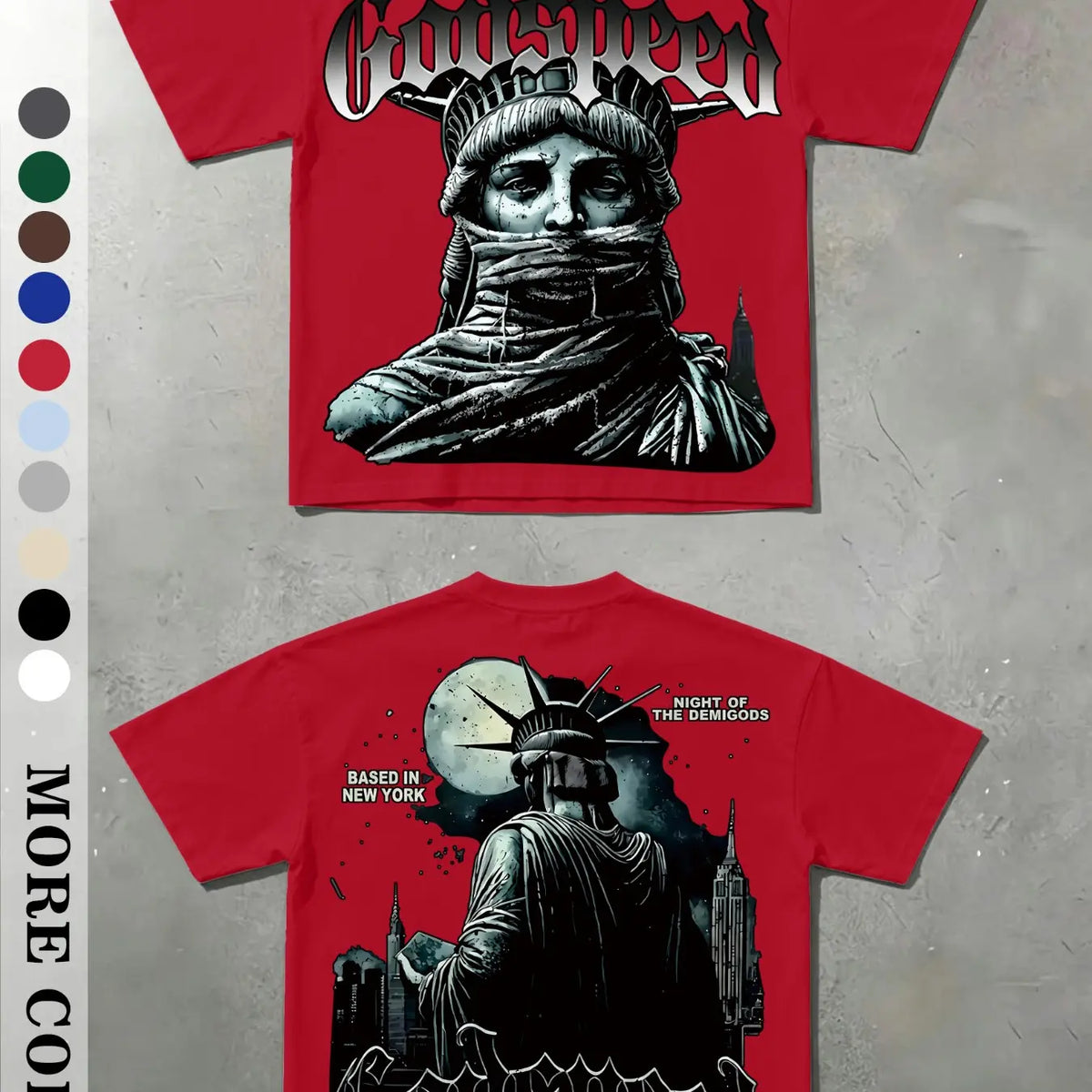 Men's Vintage Masked Statue of Liberty Print T-Shirt, Godspeed Gothic Letter, Casual Fitted Long Sleeve, Plain Surface Graphic Design Aesthetic, Streetwear Tops