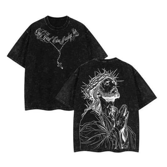 Men's Relaxed Fit Washed Christian Short-Sleeve Round Neck Tshirt - Bold Jesus Design, Vintage Distressed Retro Cotton, Summer Streetwear Sports Top, Casual Graphic Design, Men's Graphic Tees