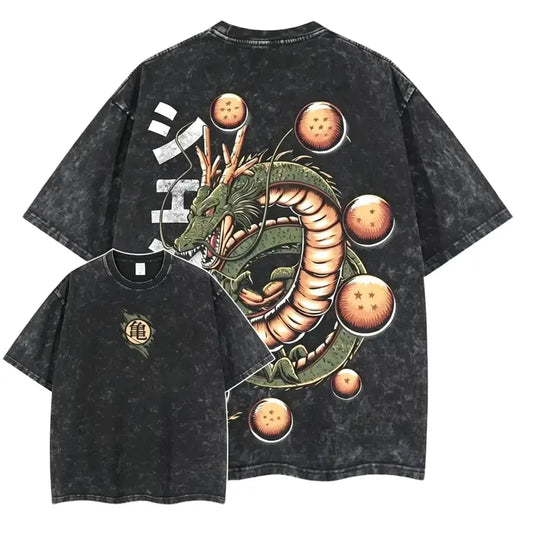 Men's Shenron Anime Graphic Short-Sleeve Round Neck Oversize Baggy T-Shirt - Heavyweight Cotton, Vintage Washed Streetwear, Casual Relaxed Fit Men's Clothing
